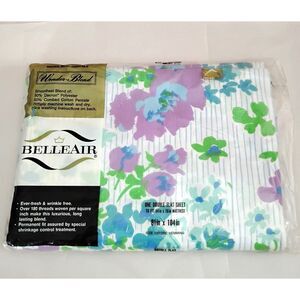 Vintage 1970s Belleair Wonder Blend Double Flat Sheet, Garden Fantasy Floral